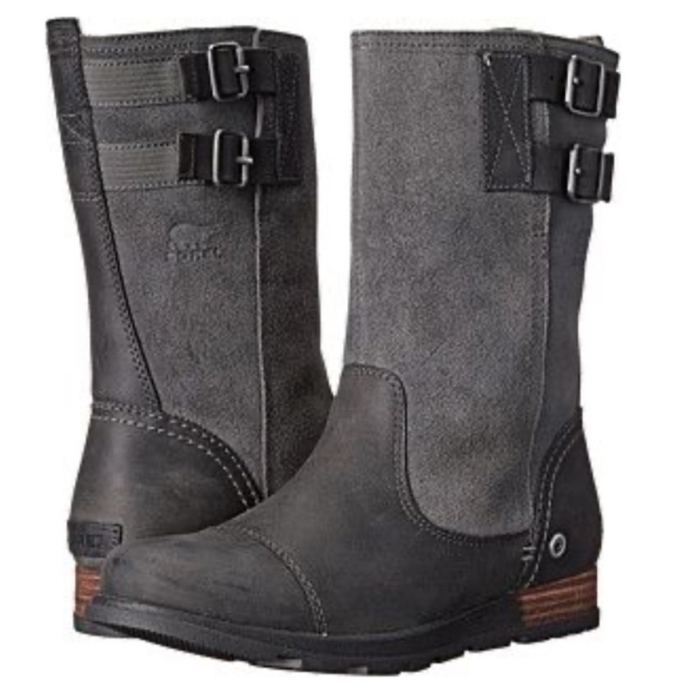 Sorel Gray Mid-Calf Buckle Leather Suede Boots